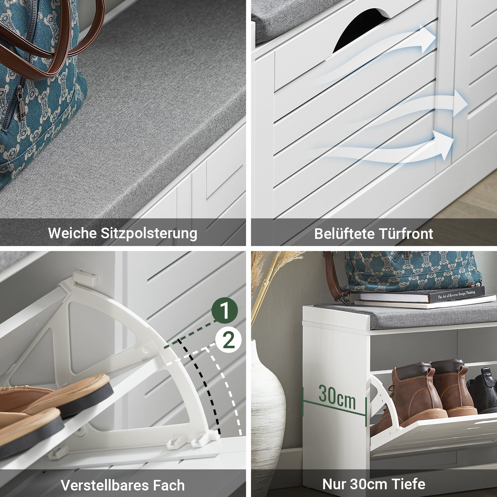 SoBuy | Meuble à chaussures basculant | Banc à chaussures avec rangement | Style campagnard blanc | FSR62-II-W