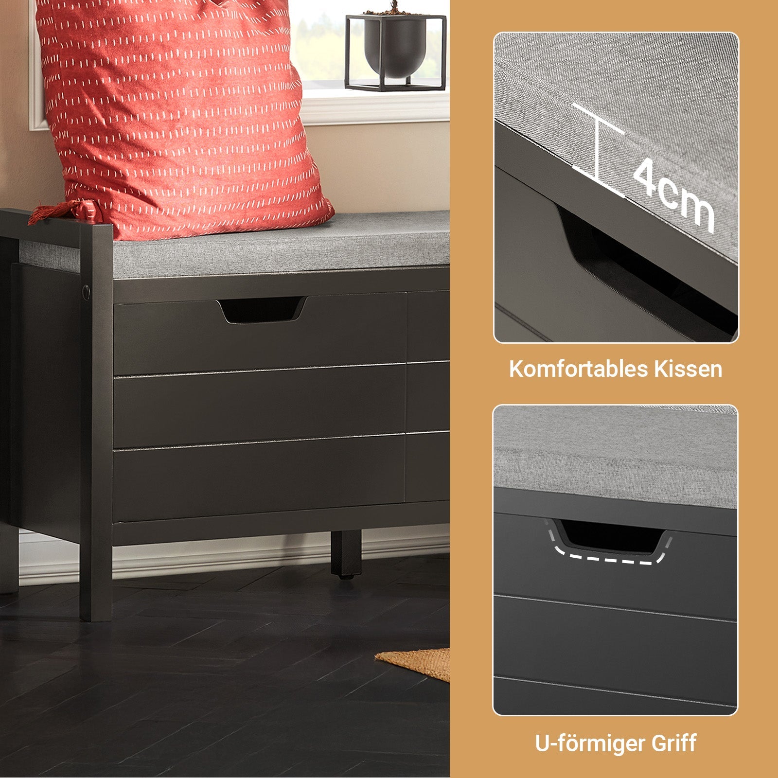 SoBuy | Commode à chaussures | Banc de rangement avec coussin | Meuble à chaussures | Noir | FSR63-II-SCH