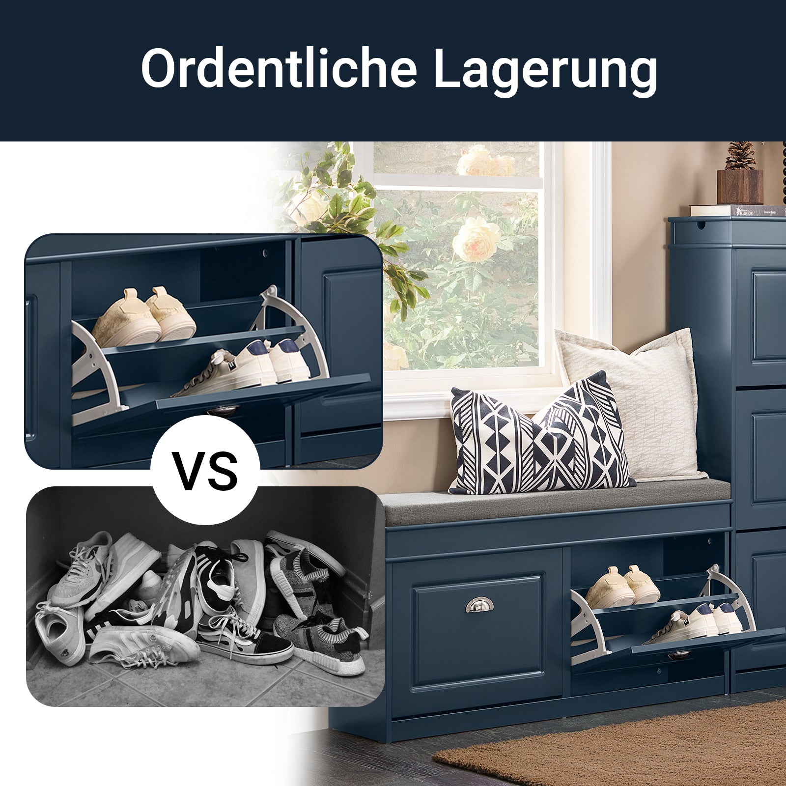 SoBuy | Scarpiera con 2 ante a ribalta | Porta scarpe | Stile rustico blu | FSR64-B