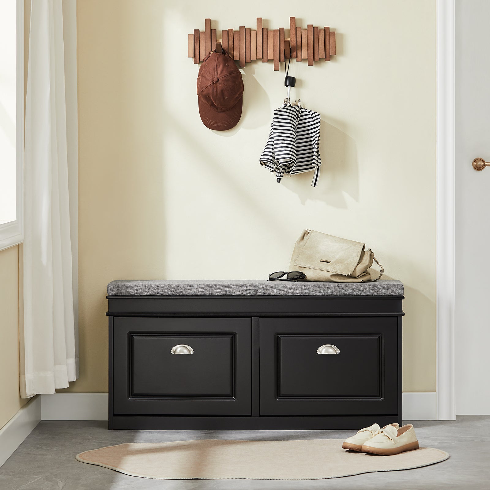 SoBuy | Meuble à chaussures | Banc à chaussures avec compartiment intégré | Style campagnard noir | FSR64-SCH