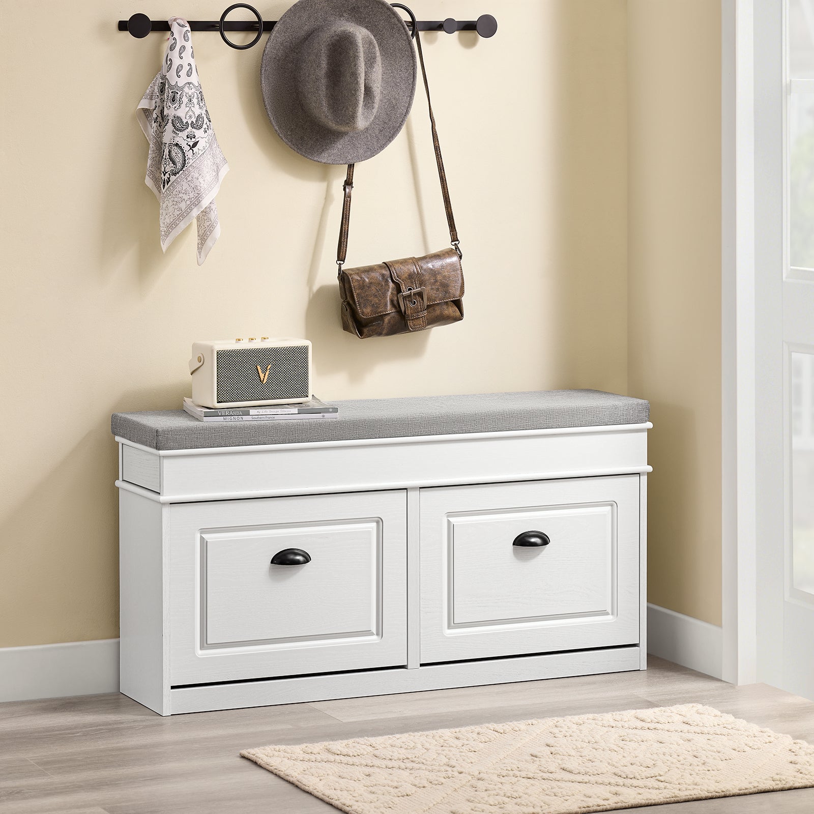 Vorverkauf | SoBuy | Schuhbank | mit Sitzfläche | und 2 Klappen | Weiß Vintage | FSR64-WG