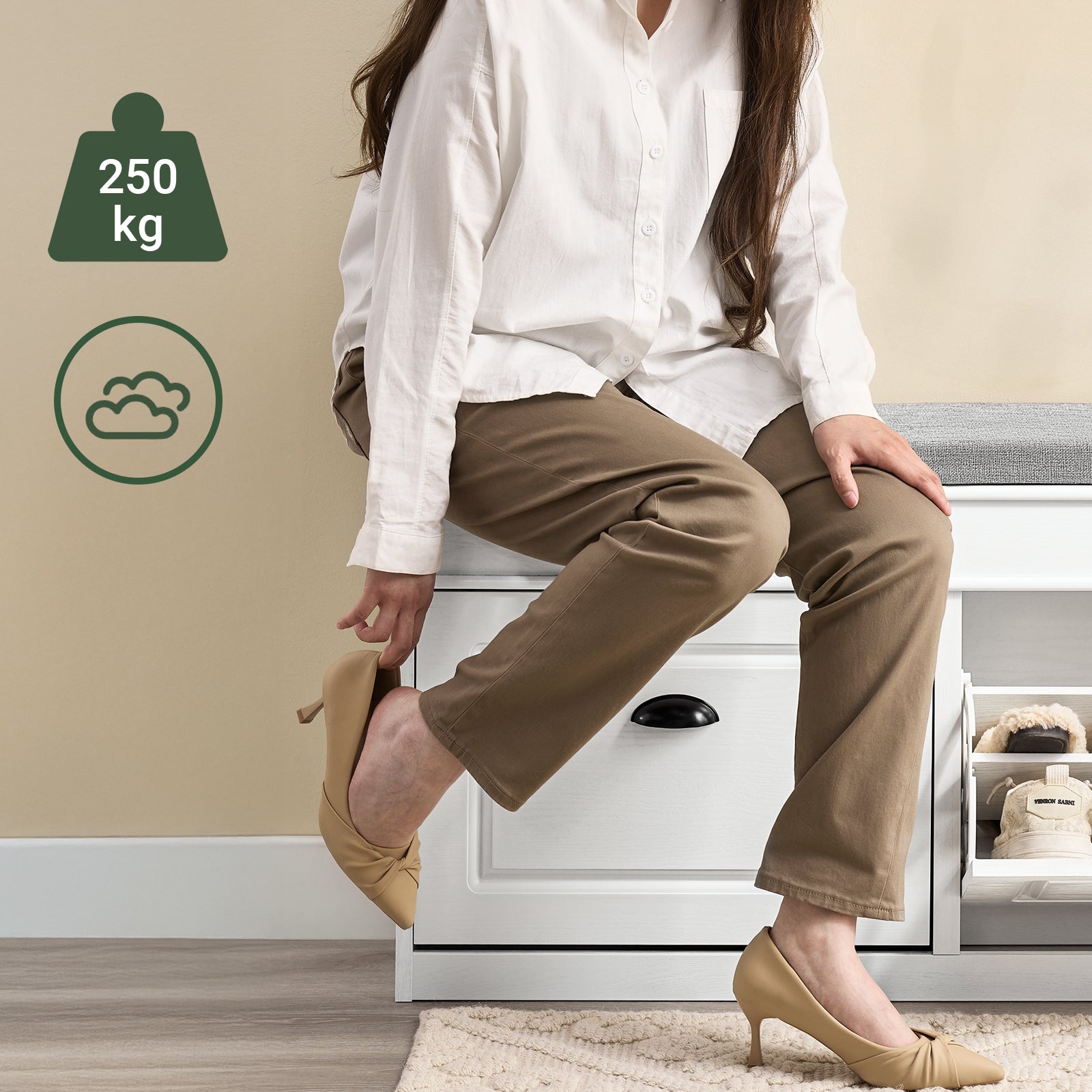 SoBuy | Banc à chaussures | avec assise | et 2 abattants | Blanc Vintage | FSR64-WG