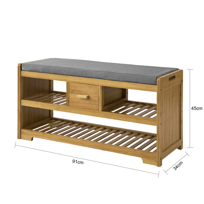 SoBuy | Banc de rangement avec siège | Meuble à chaussures avec 2 étagères et un tiroir | Bambou | FSR75-N