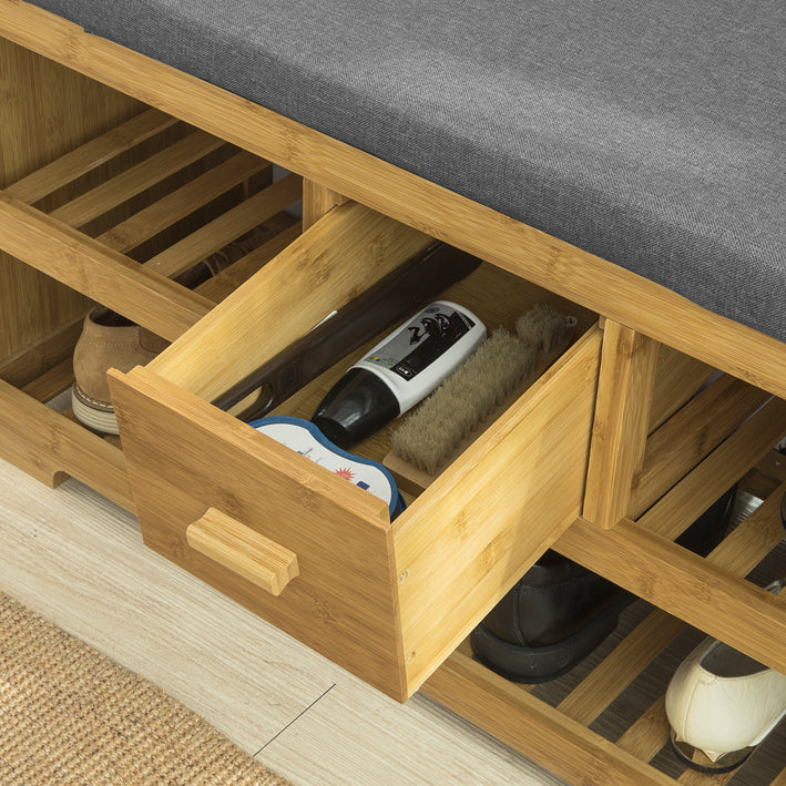 SoBuy | Banc de rangement avec siège | Meuble à chaussures avec 2 étagères et un tiroir | Bambou | FSR75-N