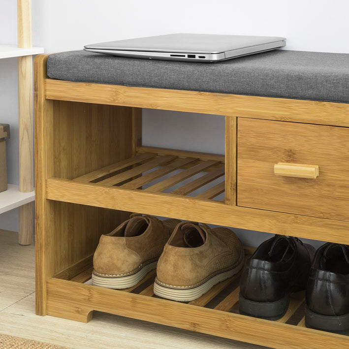 SoBuy | Banc de rangement avec siège | Meuble à chaussures avec 2 étagères et un tiroir | Bambou | FSR75-N