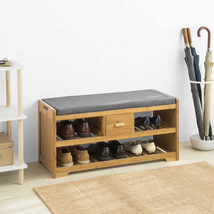 SoBuy | Banc de rangement avec siège | Meuble à chaussures avec 2 étagères et un tiroir | Bambou | FSR75-N