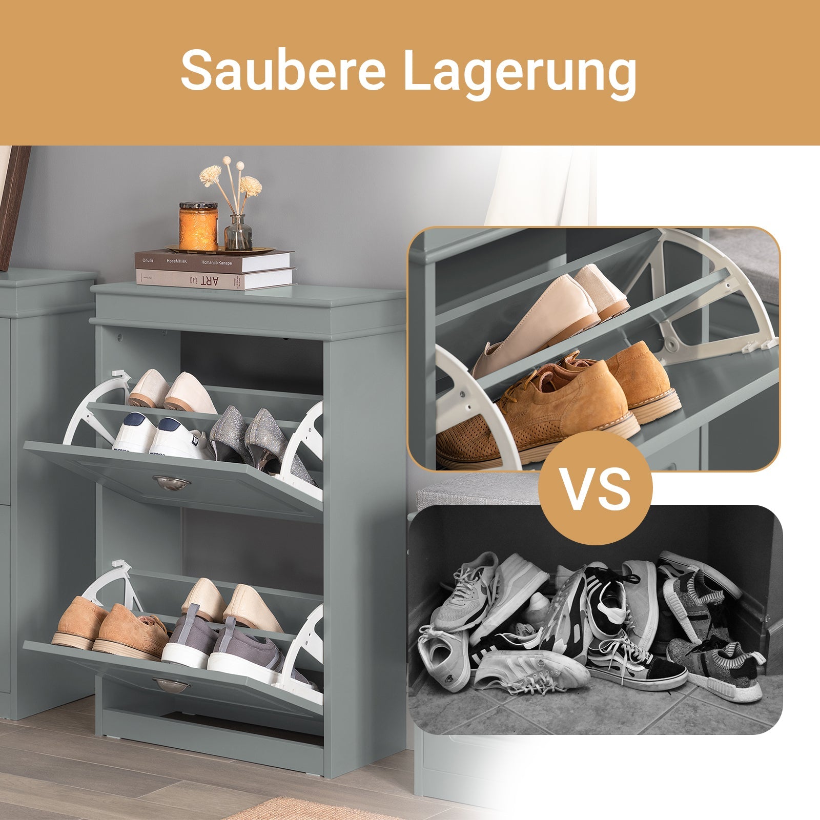 SoBuy | Meuble à chaussures | Armoire à chaussures avec 2 abattants | Commode à chaussures gris clair | FSR78-HG