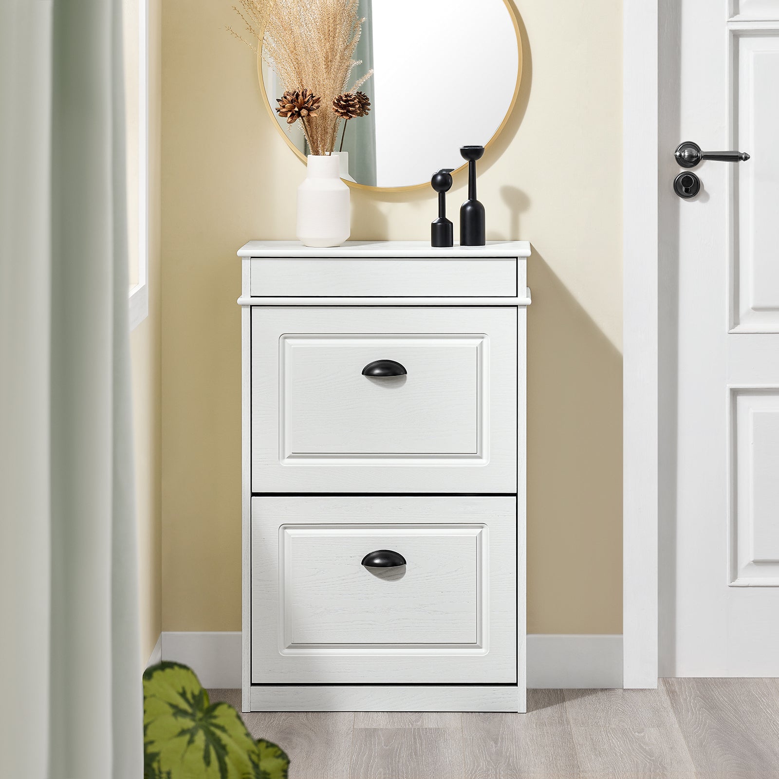 SoBuy | Schuhschrank Schmal | mit 2 Klappen | Schmaler Schuhkipper | Weiß Vintage | FSR78-WG