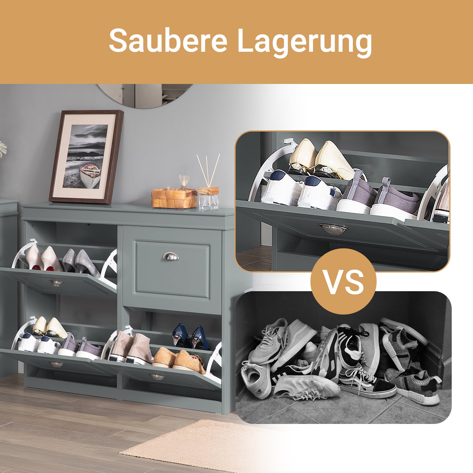 SoBuy | Schuhkipper | Schuhschrank mit 4 Klappen | Schuhkommode Hellgrau | FSR79-HG