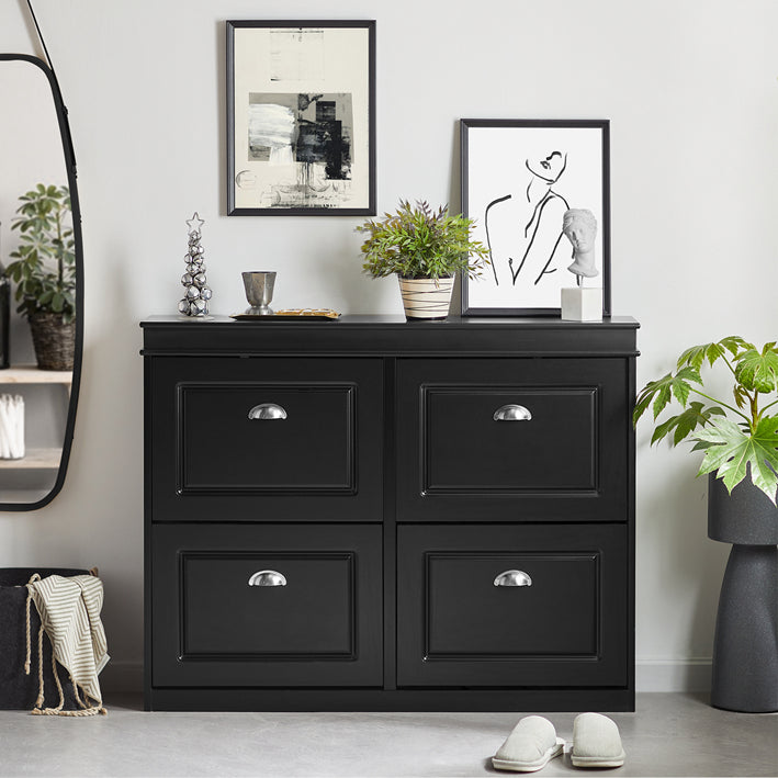 SoBuy | Meuble à chaussures | Armoire à chaussures avec 4 abattants | Commode à chaussures Noir | FSR79-SCH