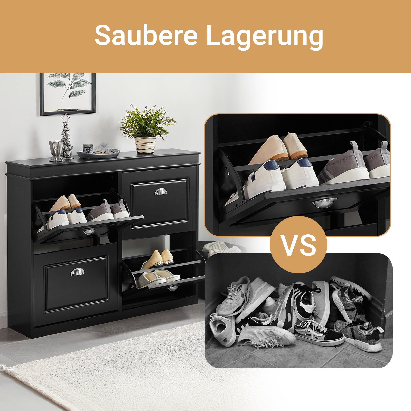 SoBuy | Schuhkipper | Schuhschrank mit 4 Klappen | Schuhkommode Schwarz | FSR79-SCH