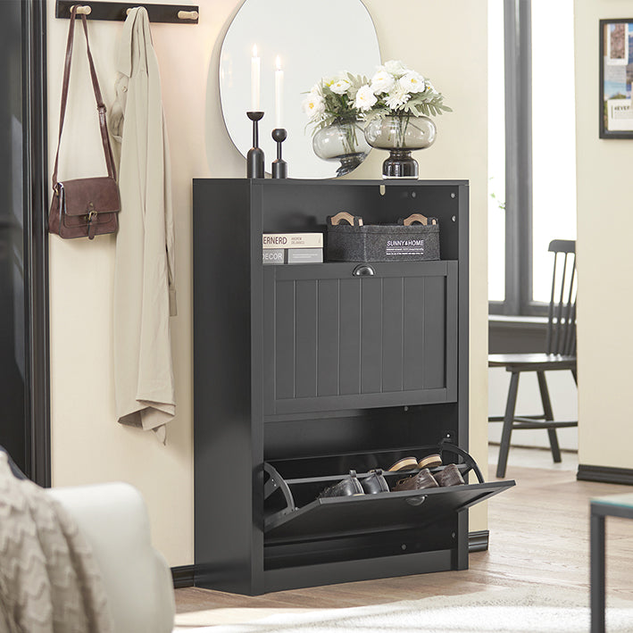 SoBuy | Meuble à chaussures | Armoire à chaussures à 2 abattants | Commode à chaussures noire | FSR87-SCH