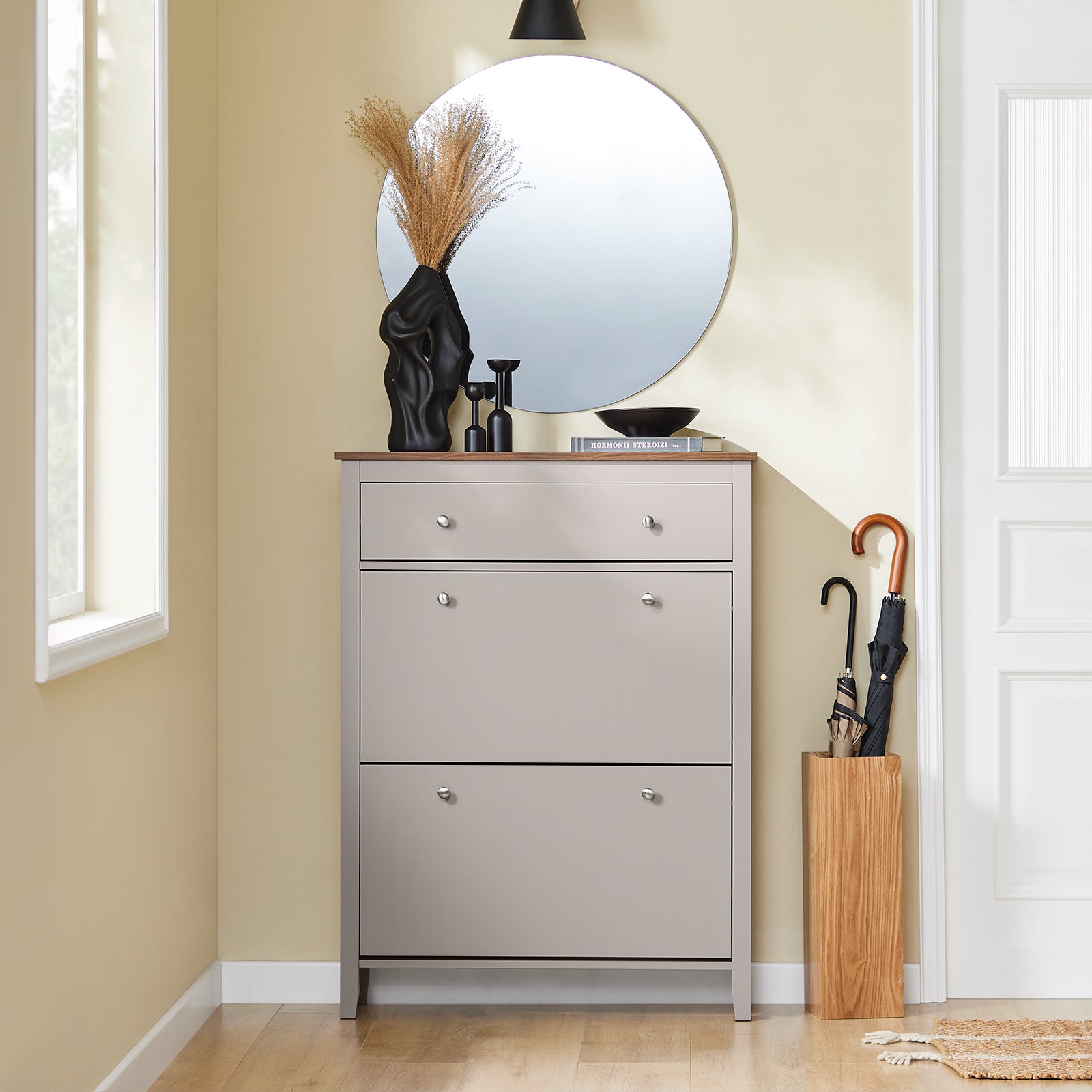 SoBuy | Meuble à chaussures étroit | 2 portes et tiroir | Capacité : 12 paires de chaussures | Marron clair | L 80 x P 25 x H 108 cm | FSR89-KA