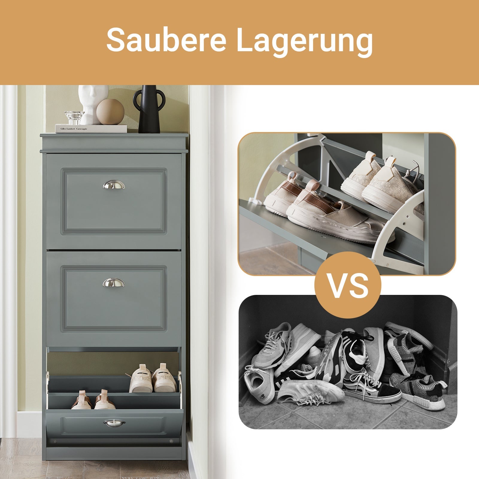 SoBuy | Meuble à chaussures | Armoire à chaussures avec 3 abattants | Commode à chaussures gris clair | FSR94-HG