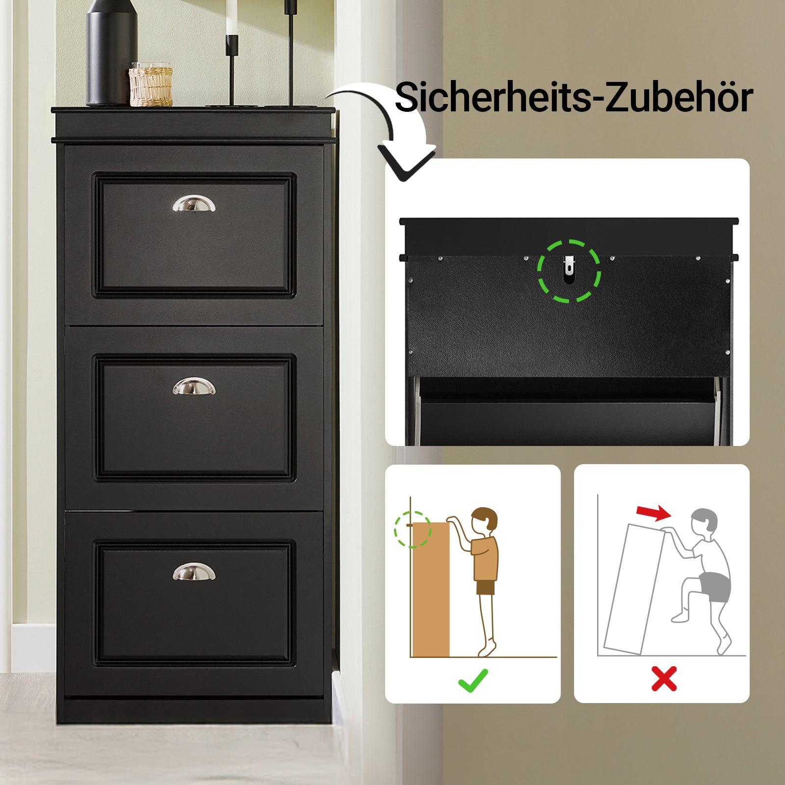 SoBuy | Meuble à chaussures | Rangement à chaussures à 3 portes | Coffre à chaussures noir | FSR94-SCH