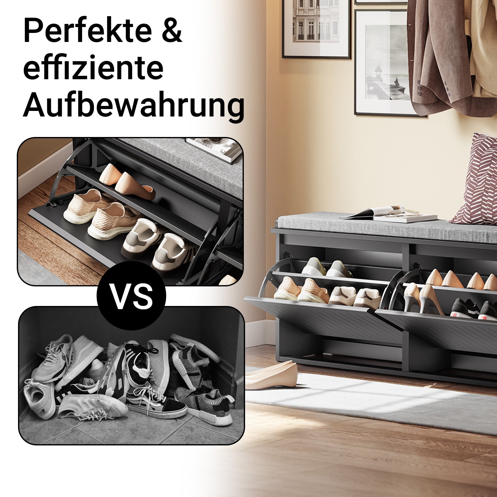 SoBuy | Meuble à chaussures | Rangement à chaussures à 2 portes | Banc à chaussures avec coussin d'assise | Noir | FSR98-XL-SCH