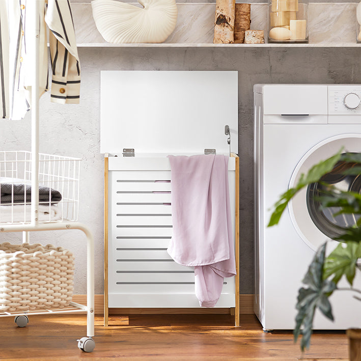 SoBuy | Wäschetruhe | Wäschesammler | Wäschekorb Natur-Weiß | FSS66-WN