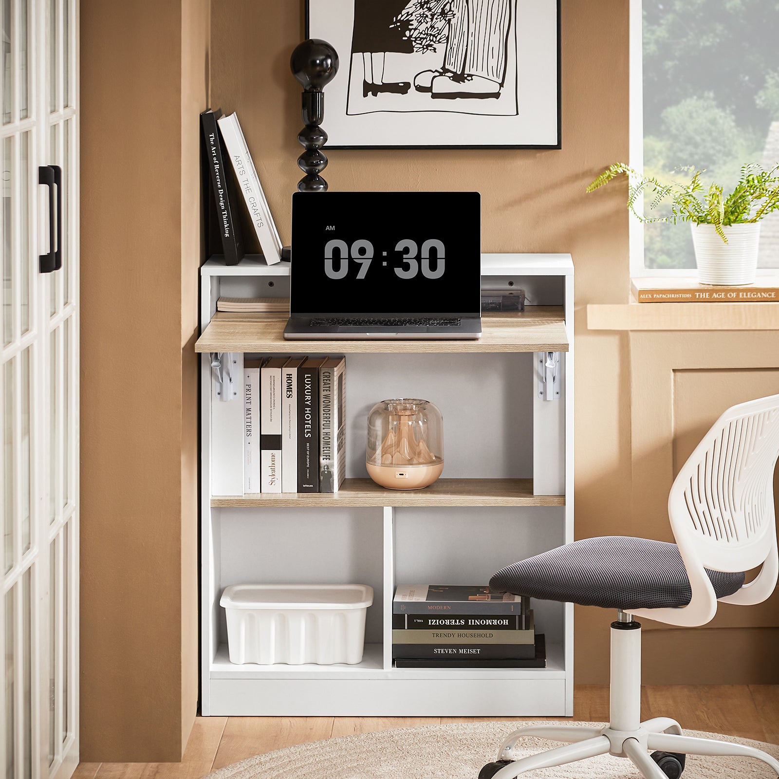 SoBuy | Klapptisch mit angebautem Schrank | Schreibtisch klappbar | Weiß/Natur | FWT104-WN