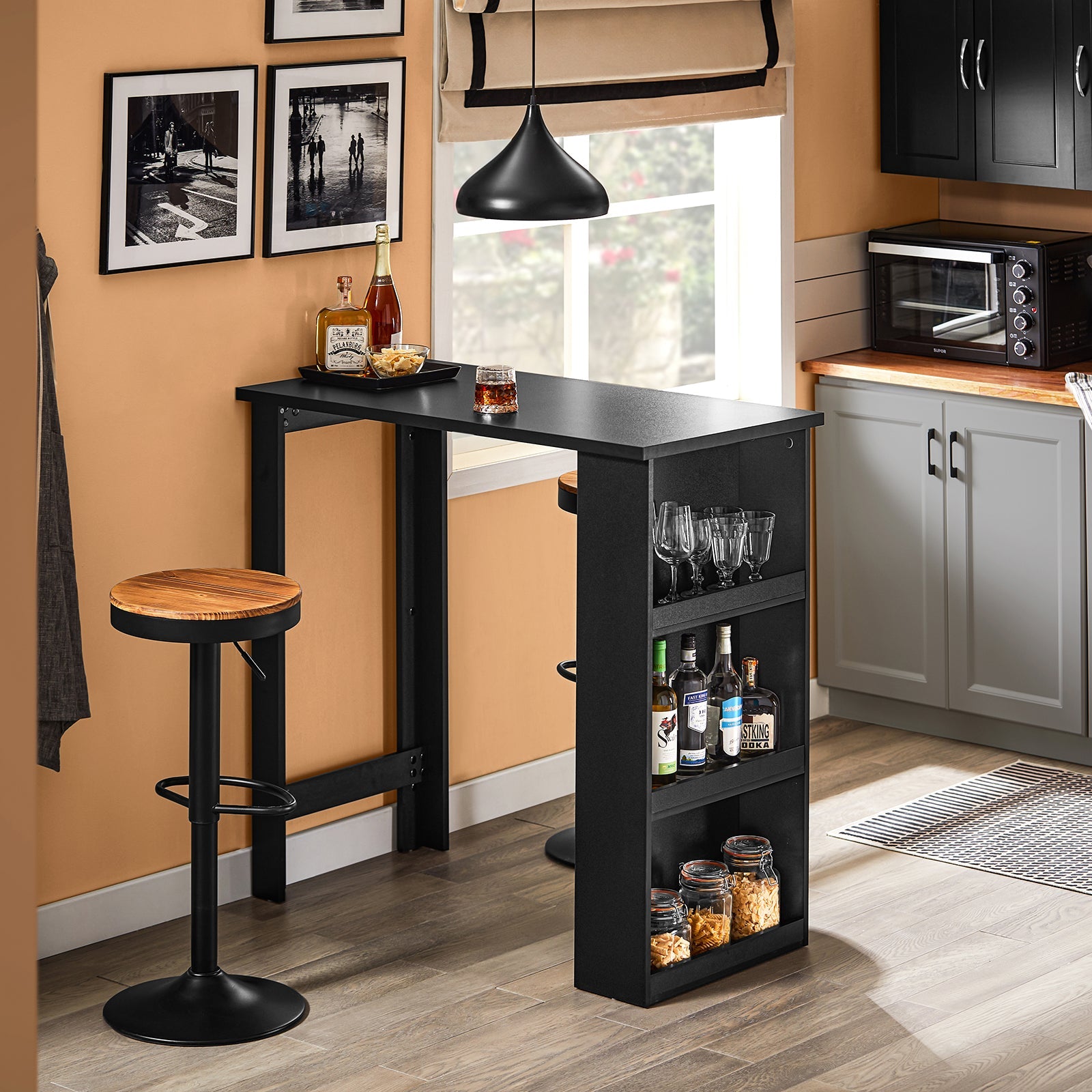 SoBuy | Tavolo Bar da Cucina | con 3 Ripiani | Tavolo Alto | Tavolo da Cucina Nero | FWT17-II-SCH