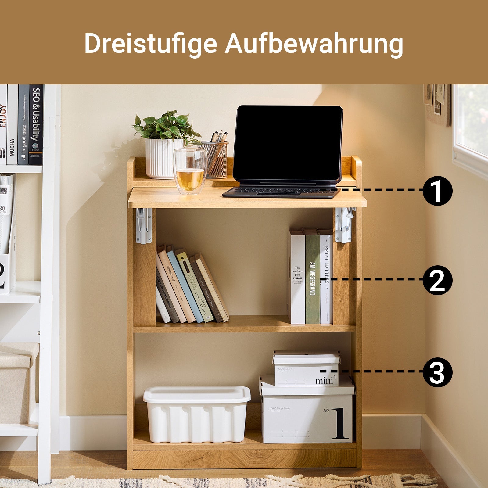 SoBuy | Klapptisch mit 3 Ablagen | Schreibtisch klappbar | Computertisch | Arbeitstisch | Natur | FWT92-N