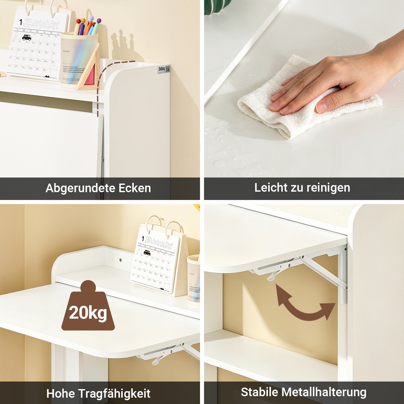 SoBuy | Klapptisch mit 3 Ablagen | Schreibtisch klappbar | Computertisch | Arbeitstisch | Weiß | FWT92-W