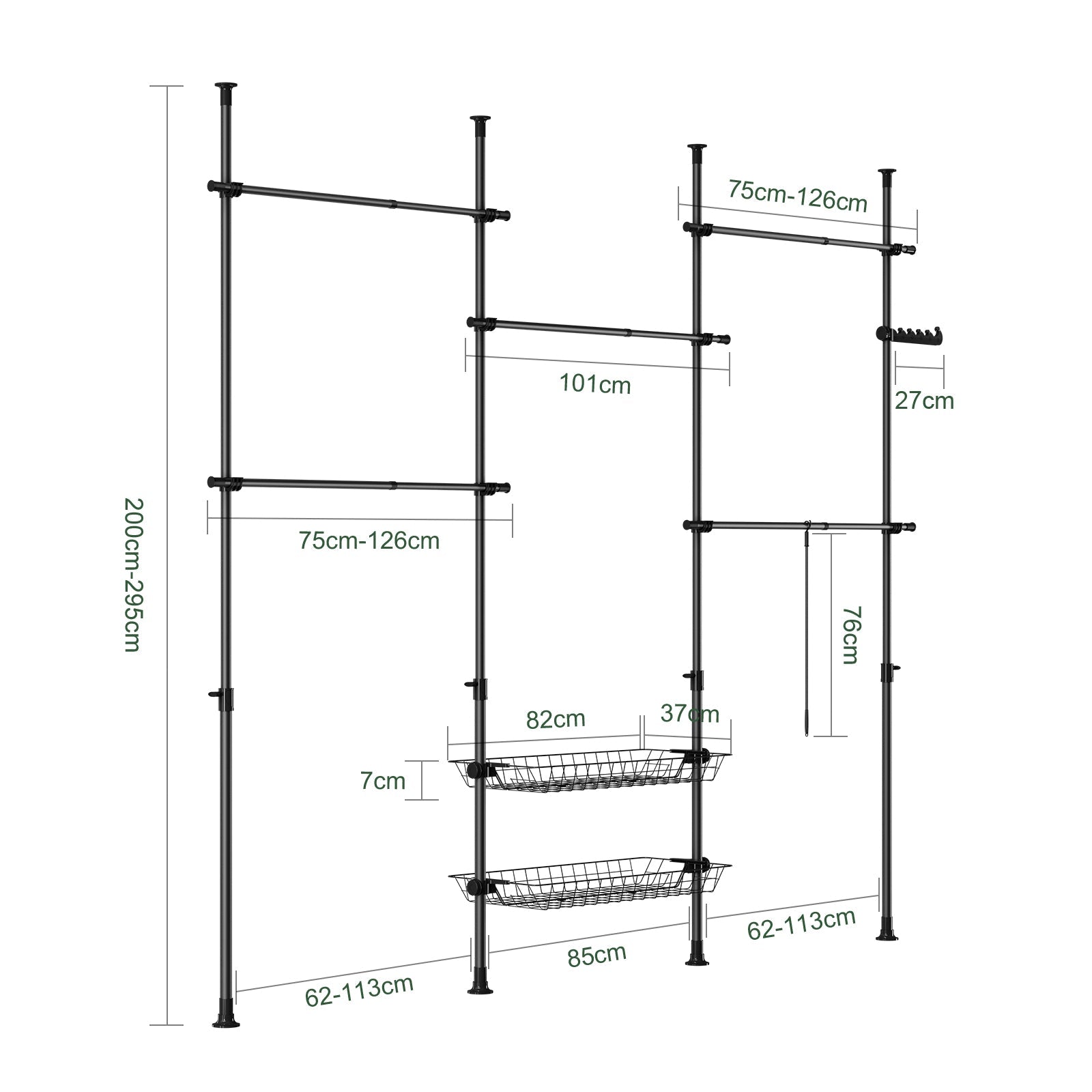 SoBuy | Asta Appendini Telescopica | Sistema Asta Appendiabiti | Sistema di Scaffalature | Nero | KLS04-II-SCH
