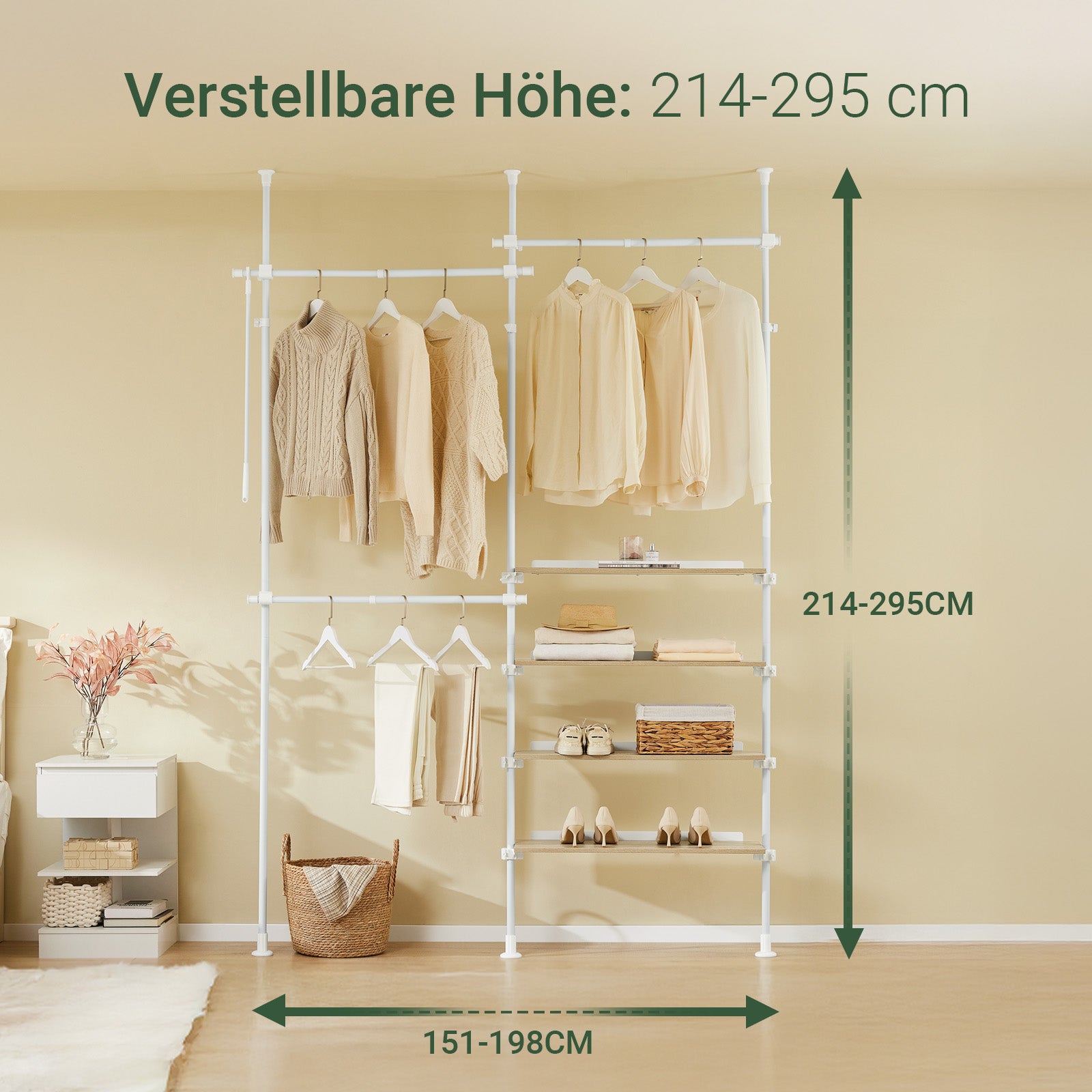 SoBuy | Portant à vêtements télescopique | Avec étagères et tringles | Blanc naturel | KLS17-WN