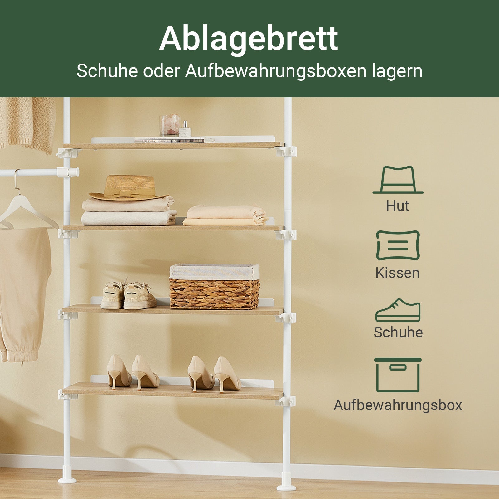 SoBuy | Asta Appendini Telescopica | con Ripiani e Aste Guardaroba | Bianco Naturale | KLS17-WN