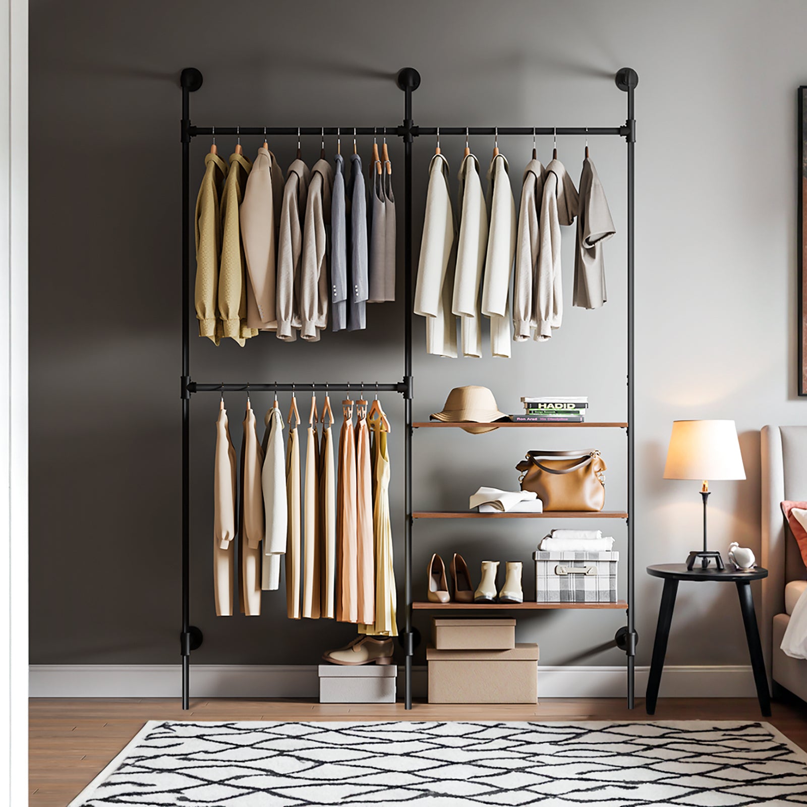 Vorverkauf | SoBuy | Kleiderstange festes Rohr-Kleiderregal | mit 3 Kleiderstangen & 3 Ablagen | Schwarz | KLS18-SCH