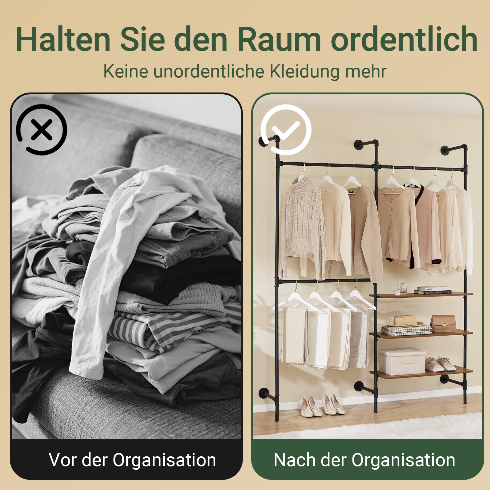 Vorverkauf | SoBuy | Kleiderstange festes Rohr-Kleiderregal | mit 3 Kleiderstangen & 3 Ablagen | Schwarz | KLS18-SCH