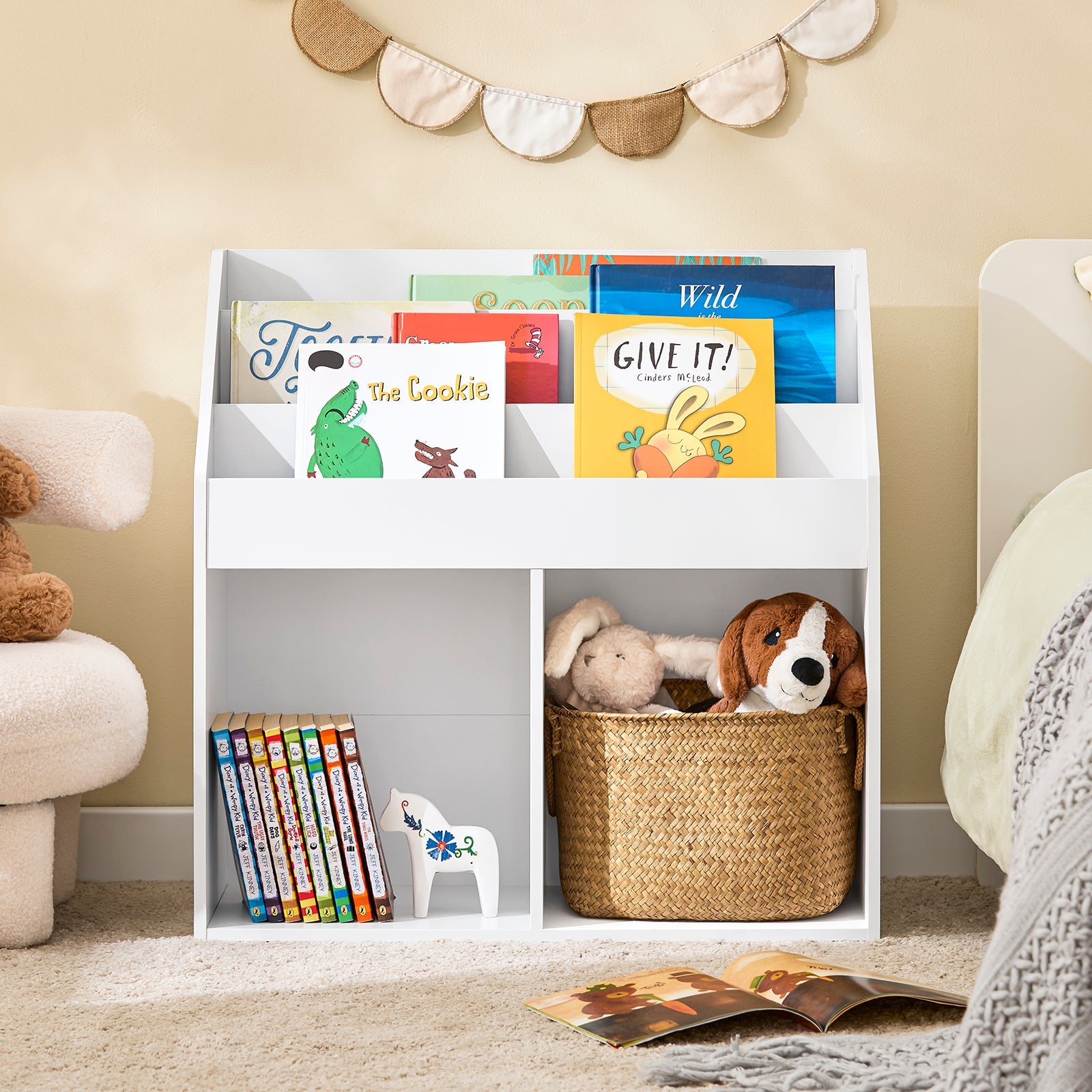 SoBuy | Étagère à Livres pour Enfants | Porte-Revues pour Chambre d'Enfant | Étagère de Rangement Blanc | KMB01-II-W