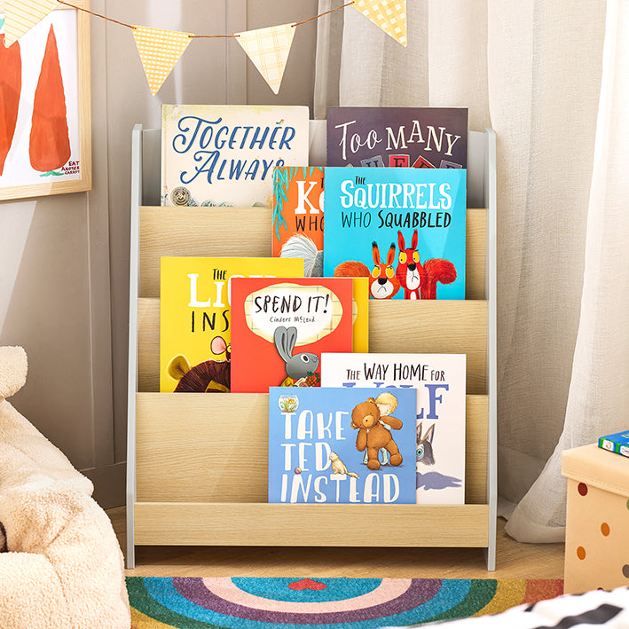 SoBuy | Libreria per bambini | Porta riviste | Scaffale portaoggetti per bambini | Grigio/Naturale | KMB106-HG