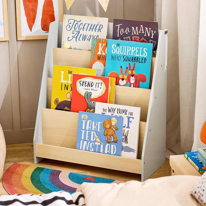 SoBuy | Libreria per bambini | Porta riviste | Scaffale portaoggetti per bambini | Grigio/Naturale | KMB106-HG