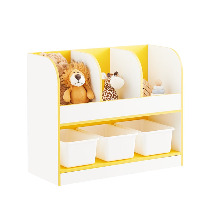SoBuy | Scaffale per libri per bambini | Cassapanca portagiochi | Scaffale portaoggetti per la cameretta dei bambini | Giallo/Bianco | KMB107-G