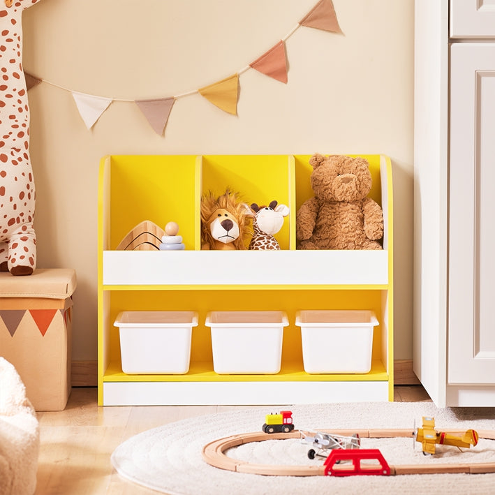 SoBuy | Scaffale per libri per bambini | Cassapanca portagiochi | Scaffale portaoggetti per la cameretta dei bambini | Giallo/Bianco | KMB107-G