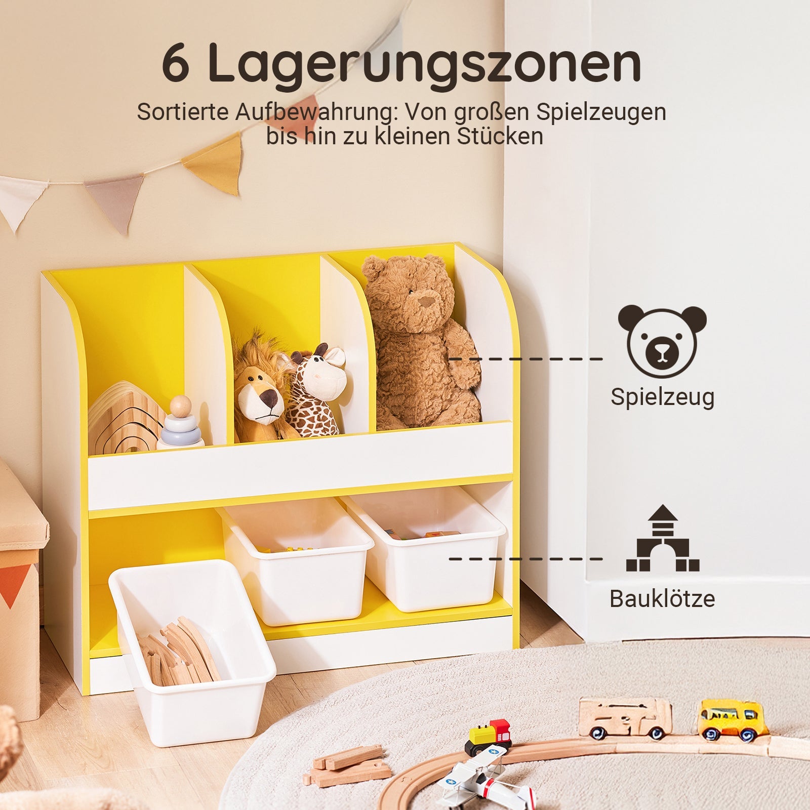 SoBuy | Scaffale per libri per bambini | Cassapanca portagiochi | Scaffale portaoggetti per la cameretta dei bambini | Giallo/Bianco | KMB107-G