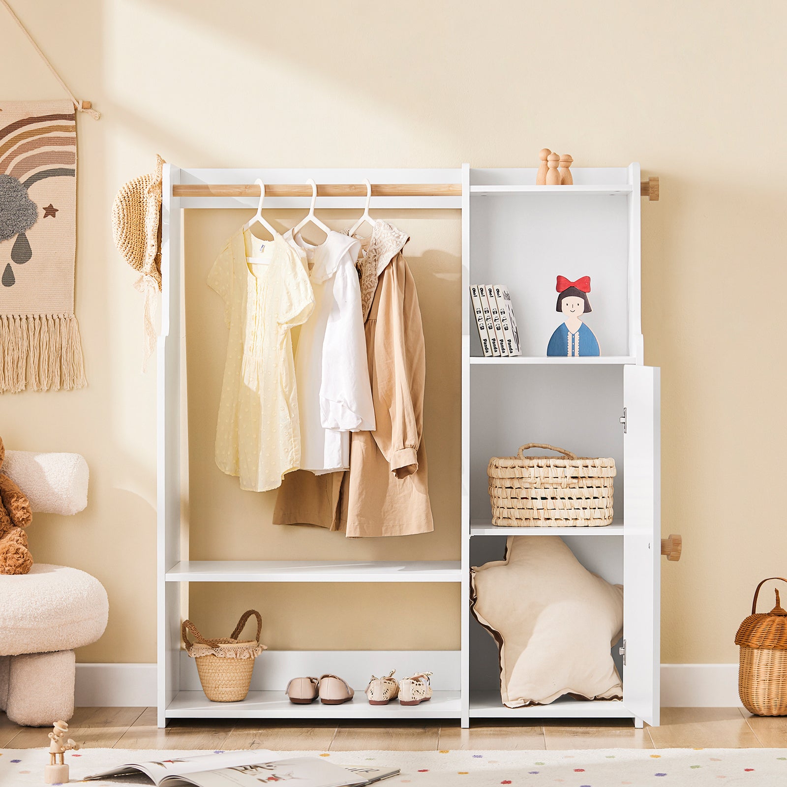 SoBuy | Kindergarderobe | Kleiderschrank Kinder | Kleiderständer mit Tür | Weiß | KMB110-W