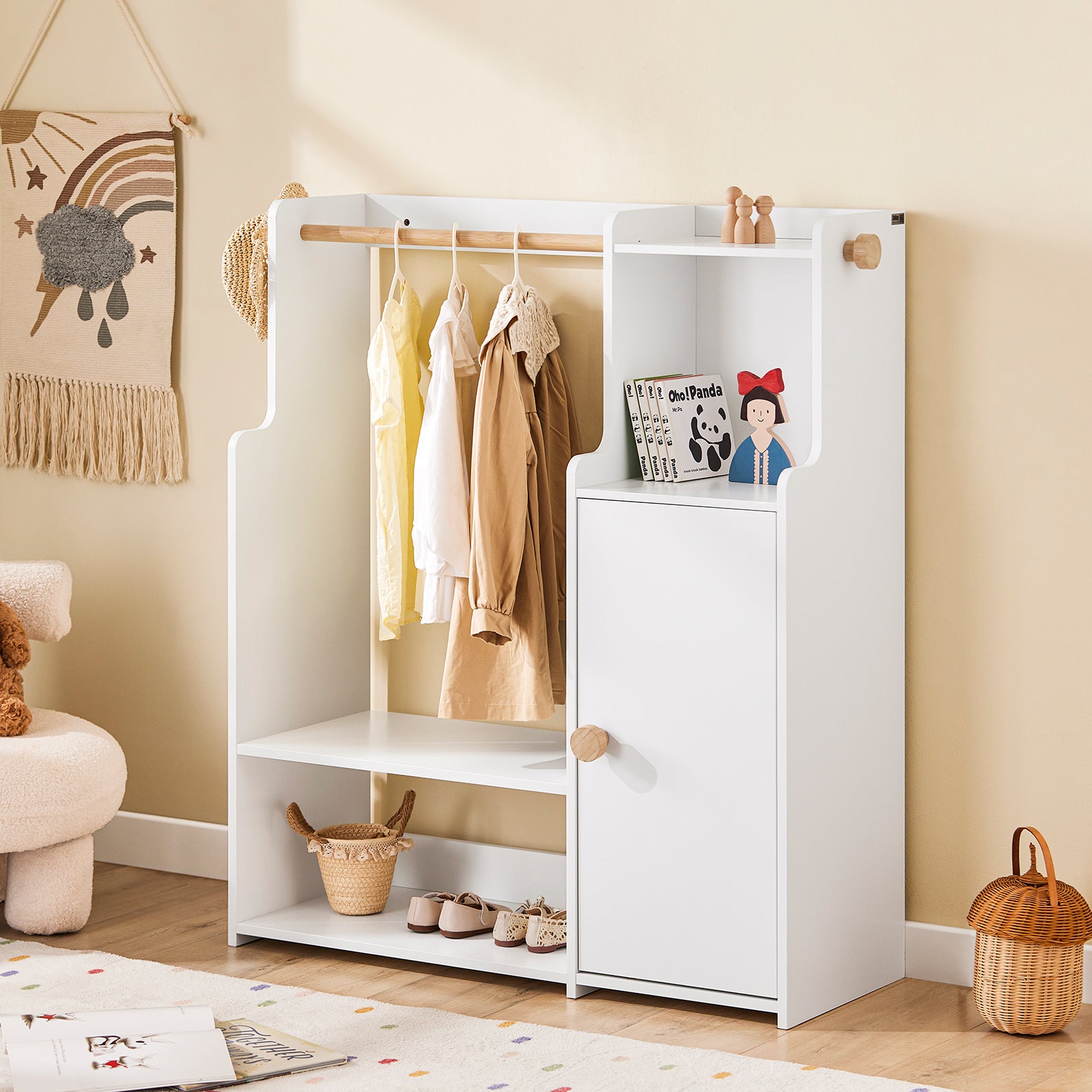 SoBuy | Kindergarderobe | Kleiderschrank Kinder | Kleiderständer mit Tür | Weiß | KMB110-W