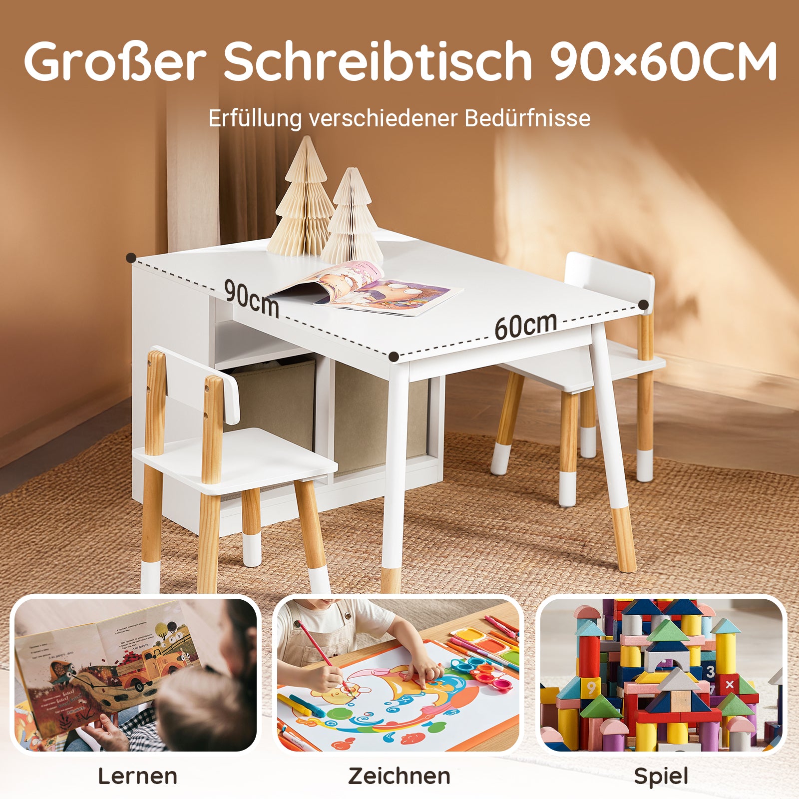 SoBuy | Table enfant avec 2 chaises | Ensemble de sièges enfant avec rangement | Table de jeu | Ensemble table et chaises | Blanc | KMB113-W