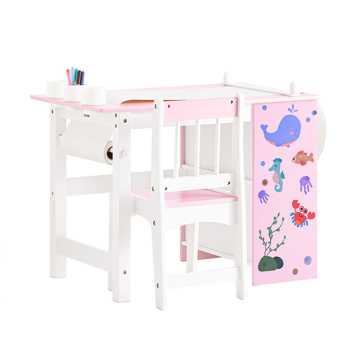 SoBuy | Tavolo e Sedia per Bambini | Set con Adesivi Tavolo da Disegno Fai da Te per Bambini | Rosa-Bianco | KMB116-P