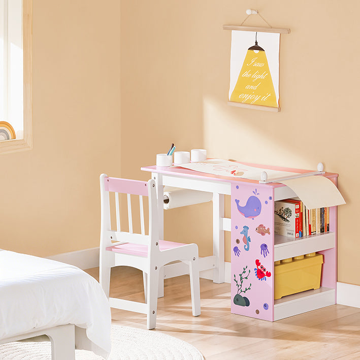 SoBuy | Tavolo e Sedia per Bambini | Set con Adesivi Tavolo da Disegno Fai da Te per Bambini | Rosa-Bianco | KMB116-P