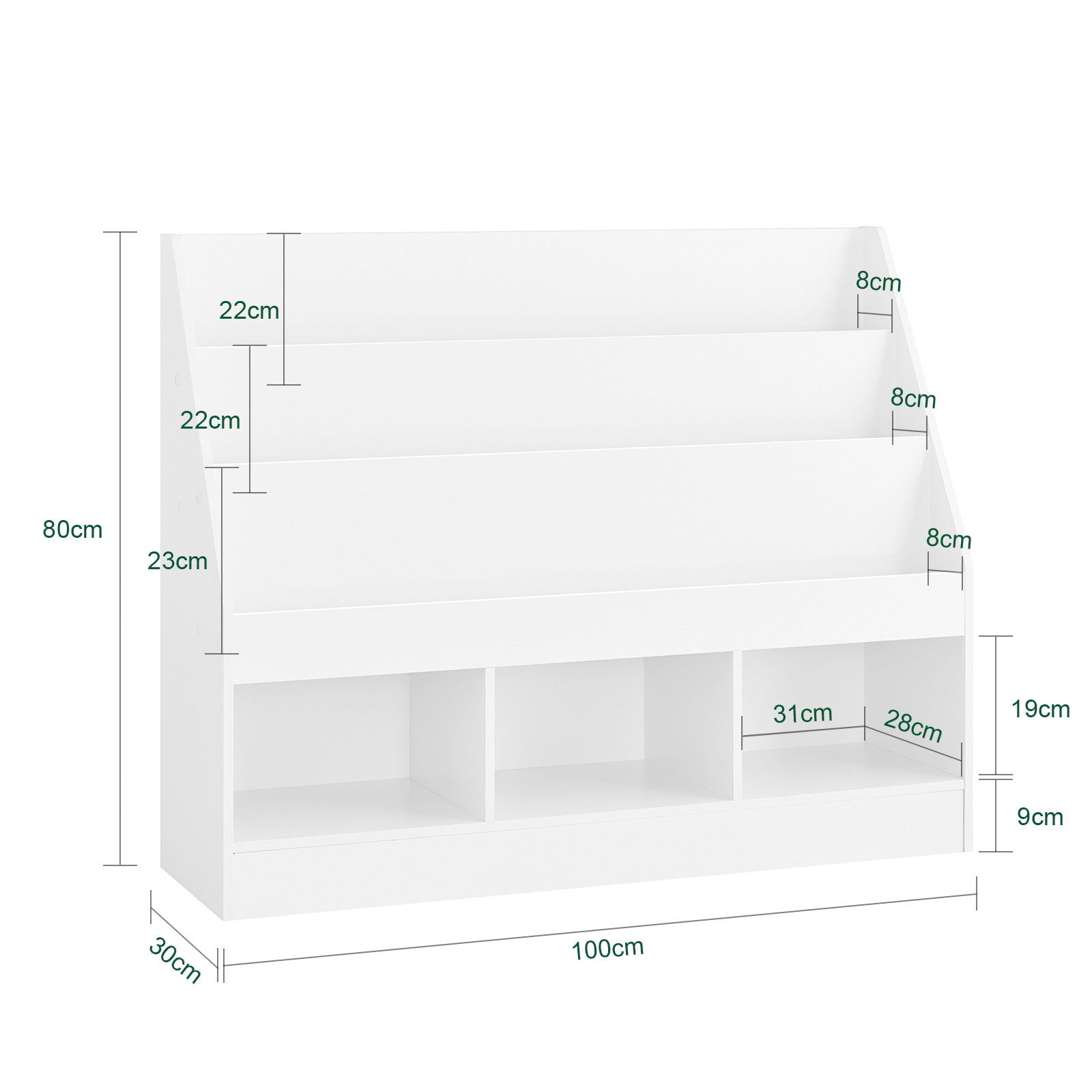 SoBuy | Étagère pour enfants | avec 3 compartiments de rangement | Étagère de rangement de jouets | Blanc & Pratique 100x80x30 | KMB118-W