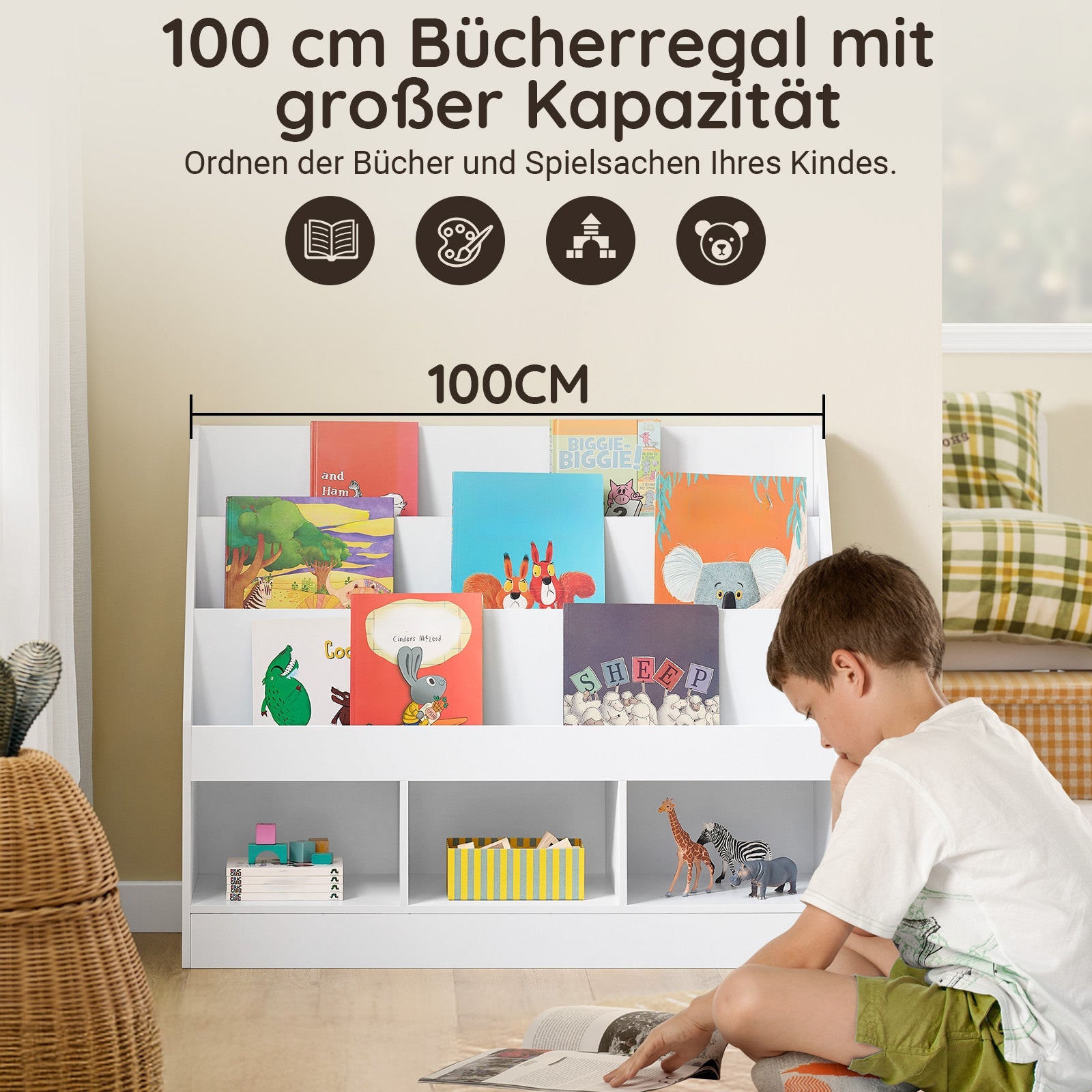 SoBuy | Étagère pour enfants | avec 3 compartiments de rangement | Étagère de rangement de jouets | Blanc & Pratique 100x80x30 | KMB118-W