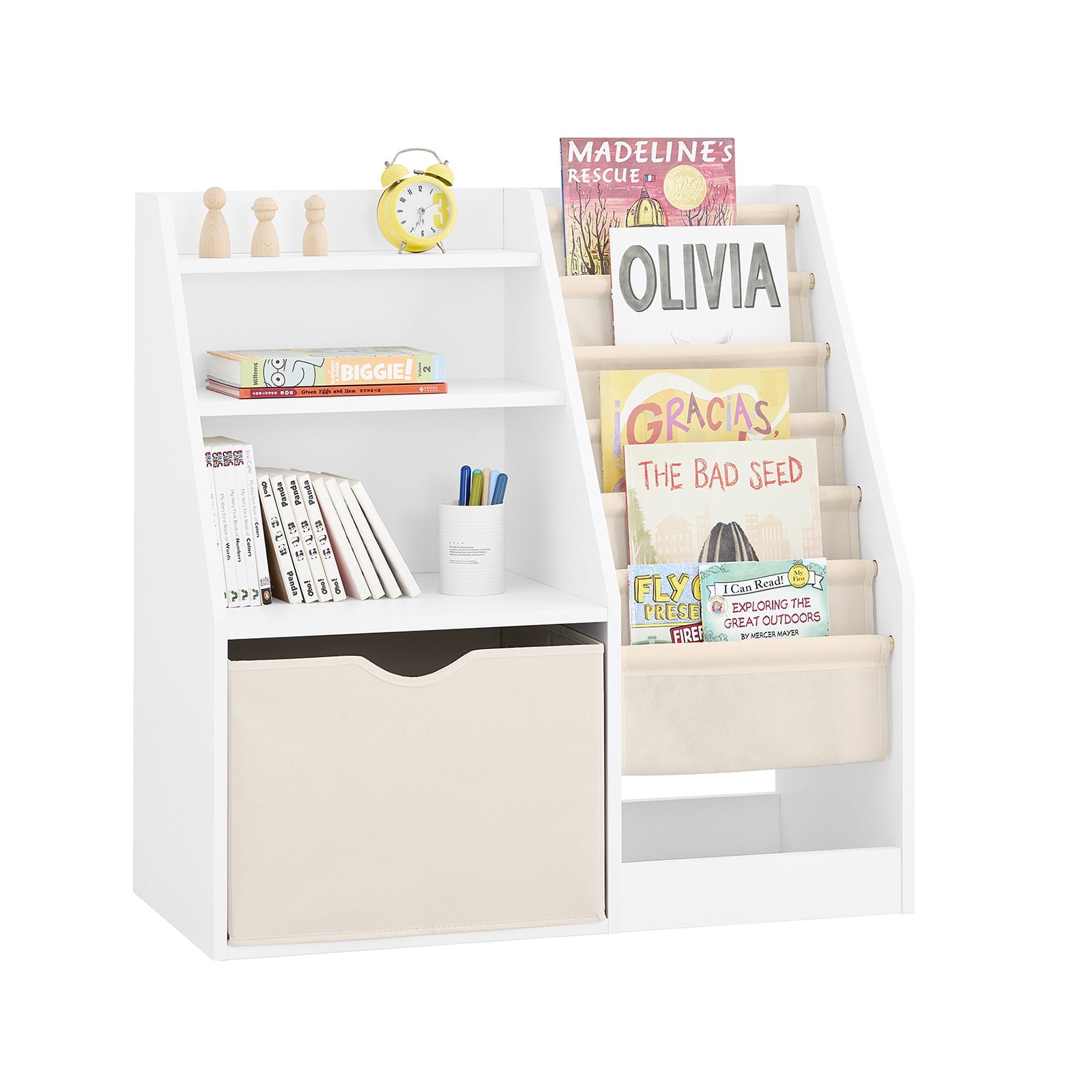 SoBuy | Libreria Montessori per Bambini | Scaffale per Bambini con Tasche in Tessuto | Bianco | KMB119-W