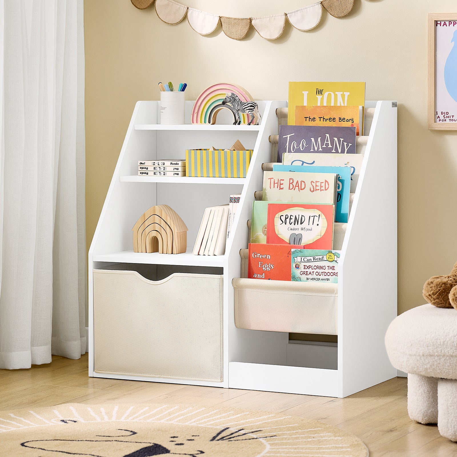 SoBuy | Libreria Montessori per Bambini | Scaffale per Bambini con Tasche in Tessuto | Bianco | KMB119-W