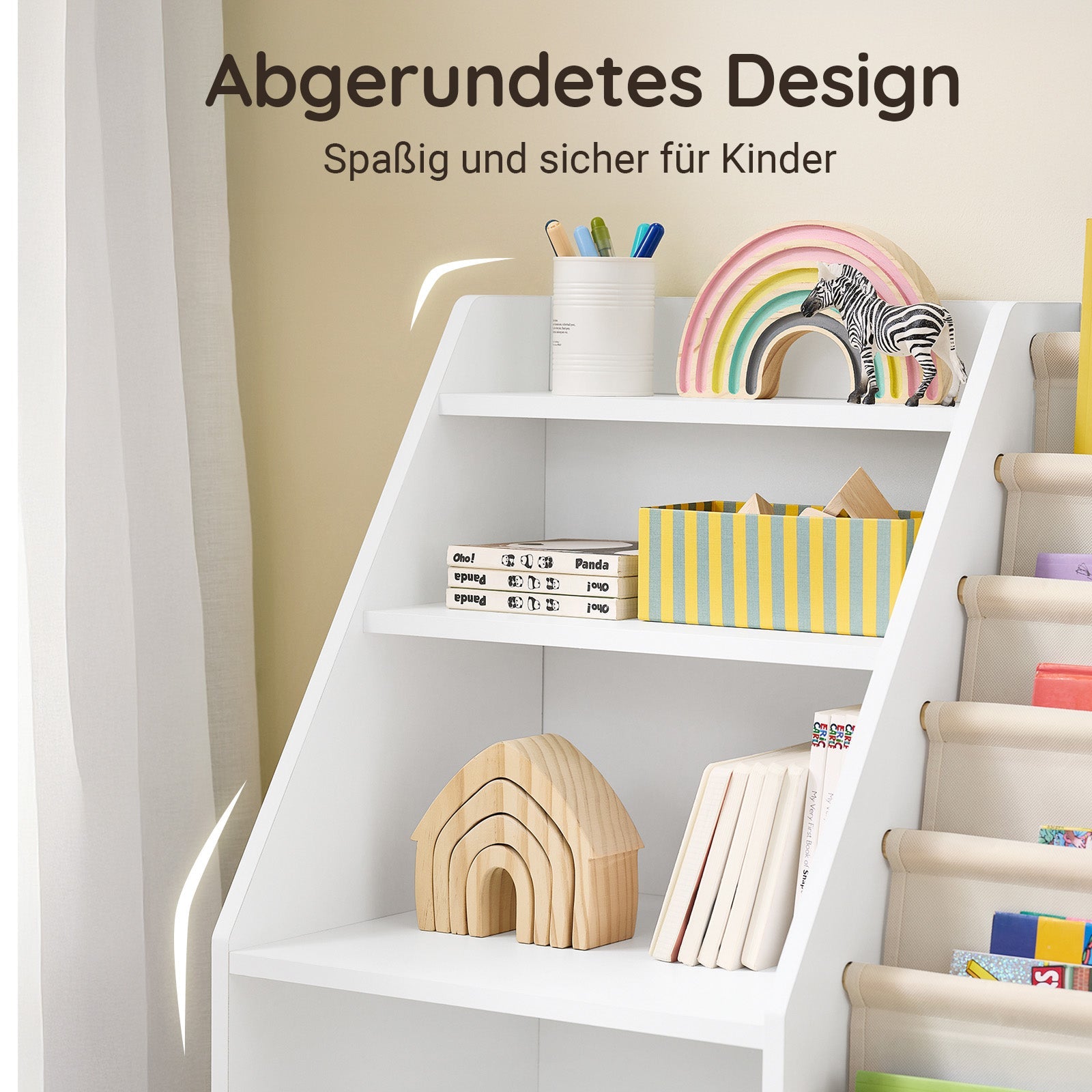 SoBuy | Bibliothèque Montessori Enfant | Étagère Enfant avec Poches en Tissu | Blanc | KMB119-W