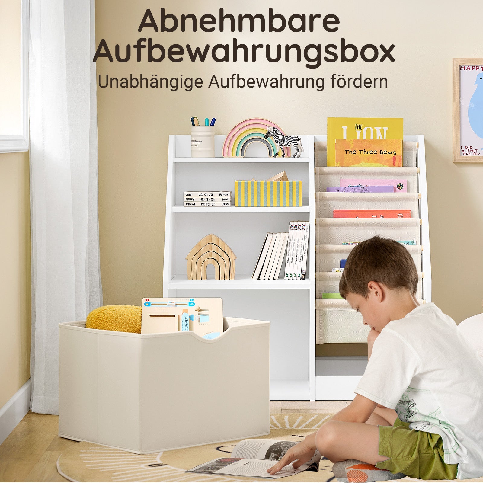 SoBuy | Libreria Montessori per Bambini | Scaffale per Bambini con Tasche in Tessuto | Bianco | KMB119-W