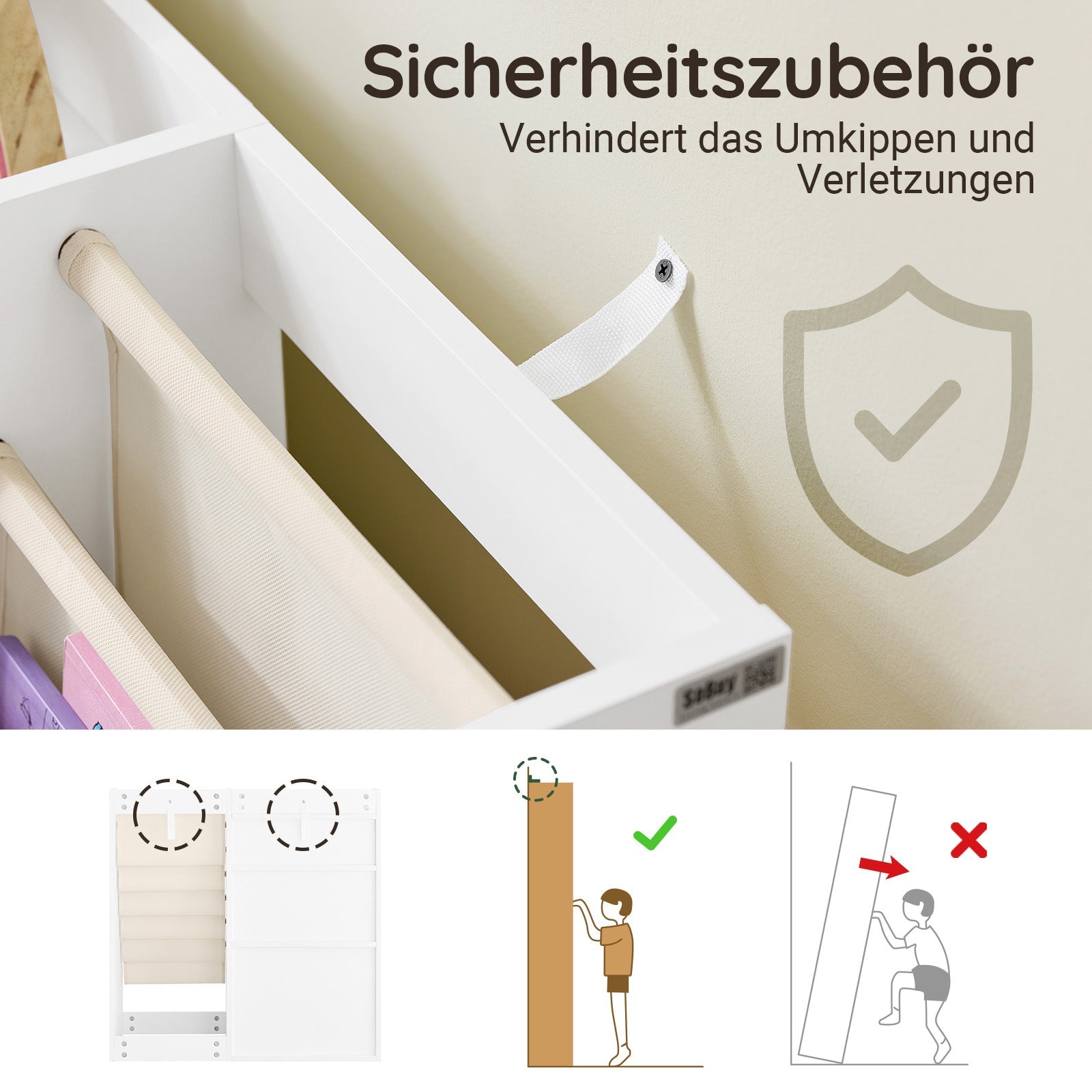 SoBuy | Bibliothèque Montessori Enfant | Étagère Enfant avec Poches en Tissu | Blanc | KMB119-W