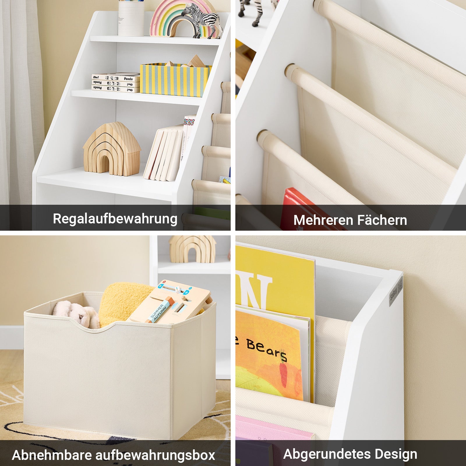 SoBuy | Bibliothèque Montessori Enfant | Étagère Enfant avec Poches en Tissu | Blanc | KMB119-W