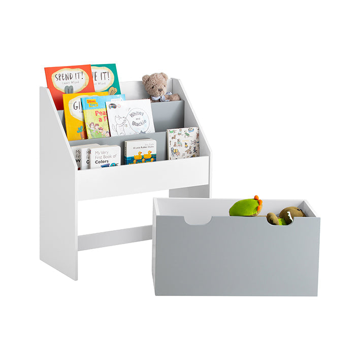 SoBuy | Libreria per bambini | Cofanetto giocattoli | Scaffale portaoggetti per la cameretta dei bambini | Bianco/Grigio | KMB17-HG